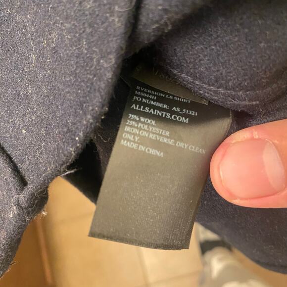 AllSaints Black Wool Blend Button Down Shirt Size Small - Picture 6 of 6